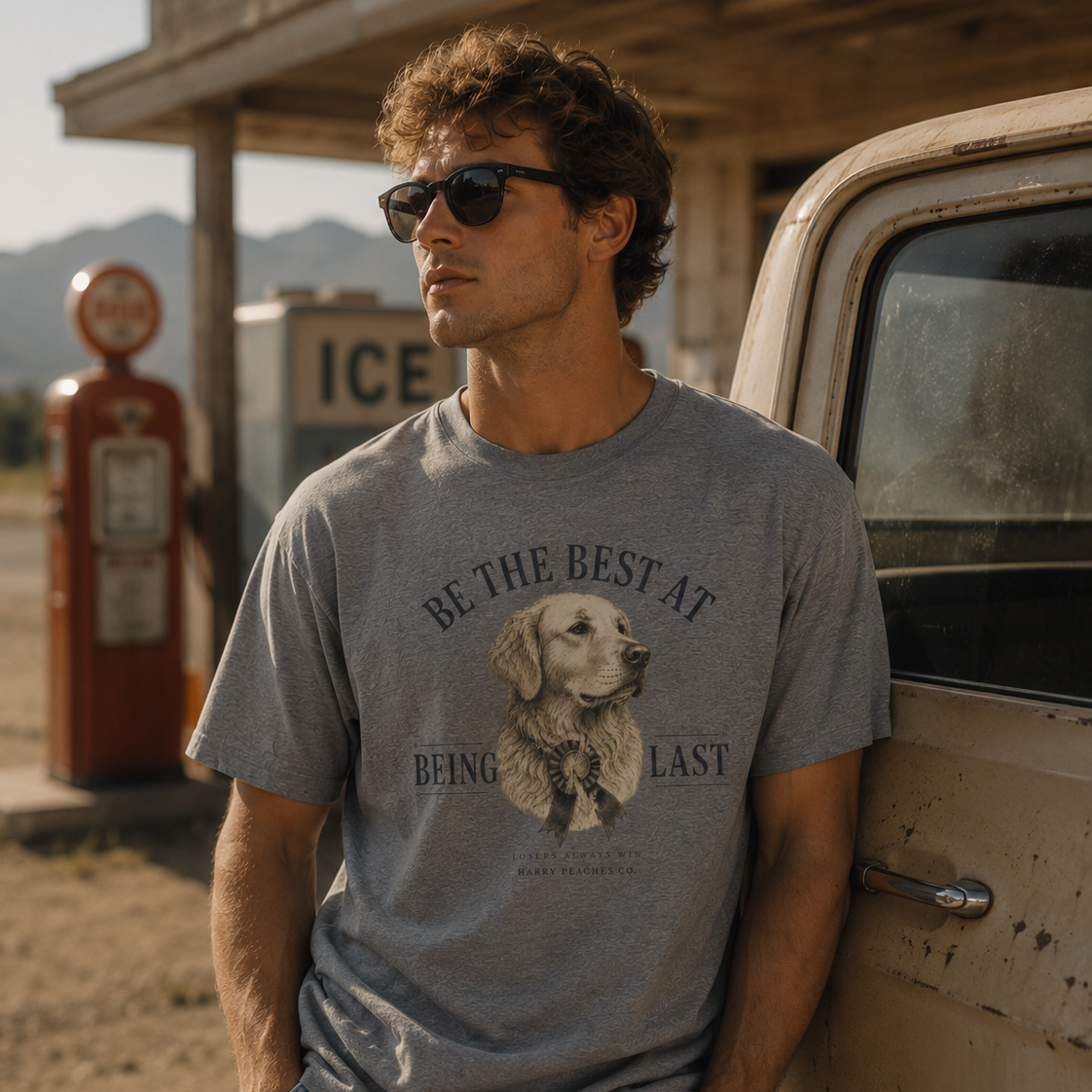 Man wearing a gray t-shirt with a dog graphic and text, standing next to an old truck in a desert setting.
