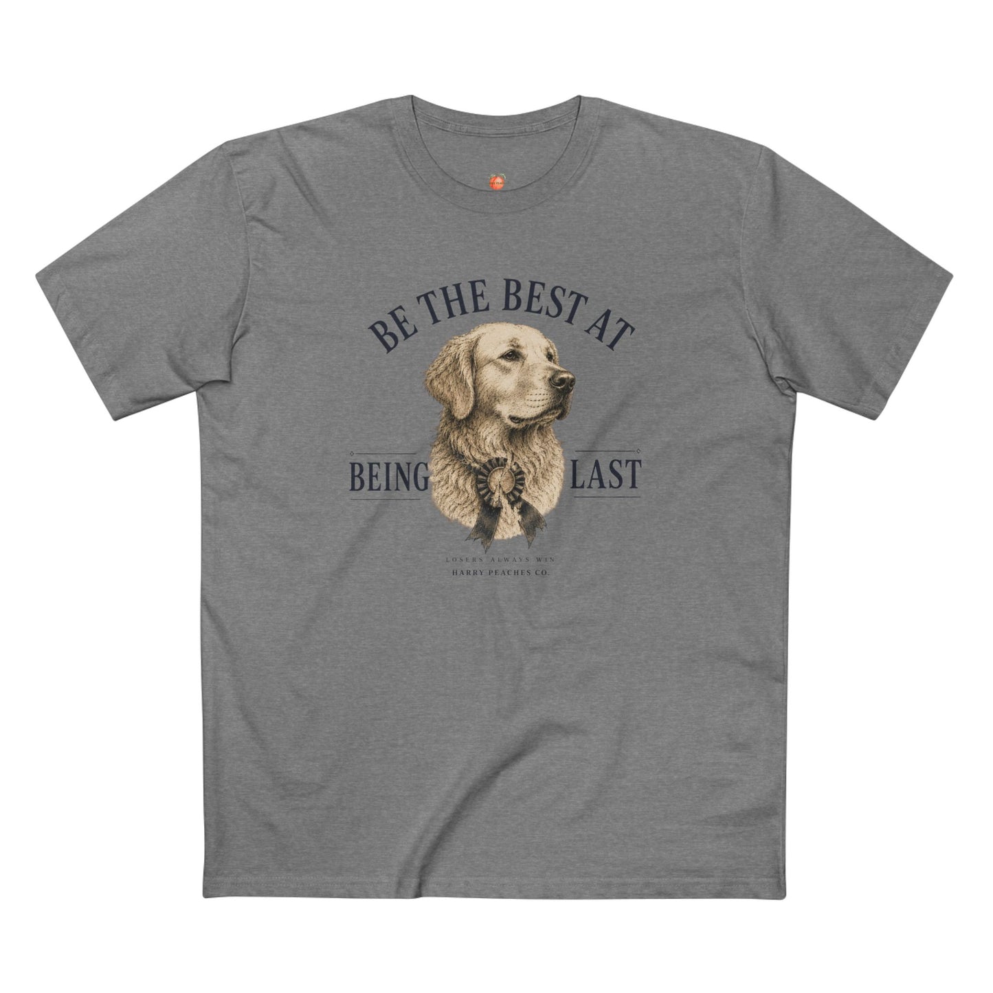 Gray t-shirt with a dog graphic and text on a white background