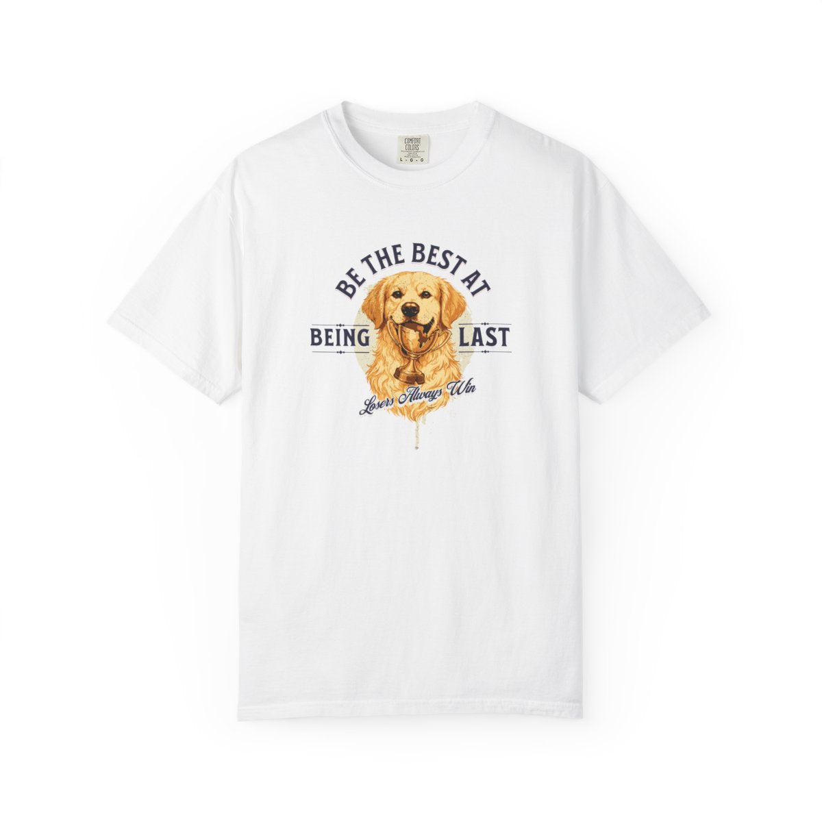 White t-shirt with a dog graphic and text on a white background
