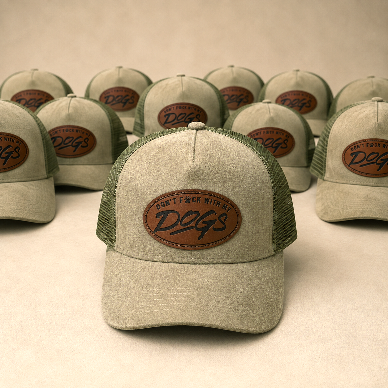 A beige trucker hat with an olive green mesh back and a brown oval patch reading 'DON'T F*CK WITH MY Dogs' is centered, with multiple identical hats arranged in the background on a warm beige studio surface.