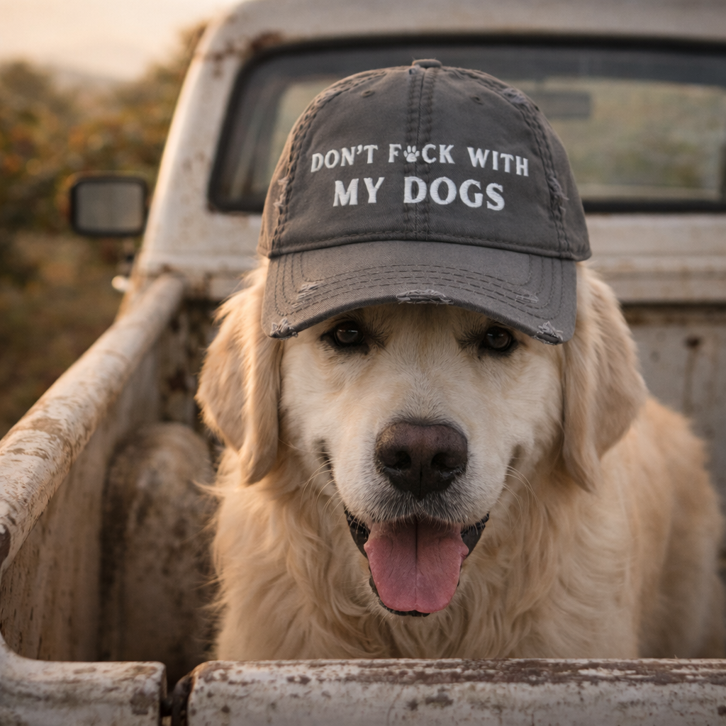 Dog wearing a cap with text in a truck bed, outdoors. Dont Fuck With My Dogs Hat - harry peaches