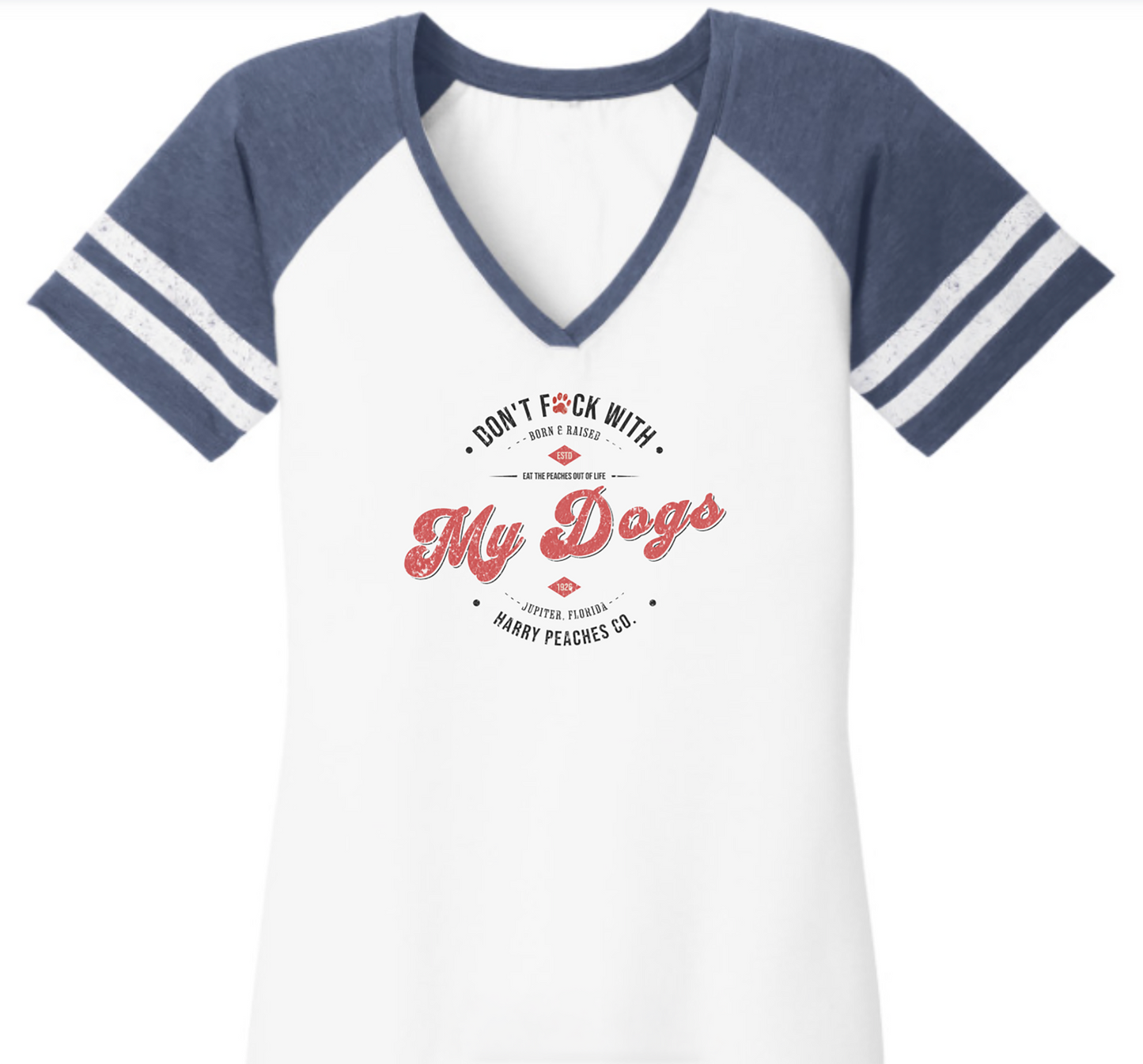 White t-shirt with blue sleeves and dog-themed text on a white background