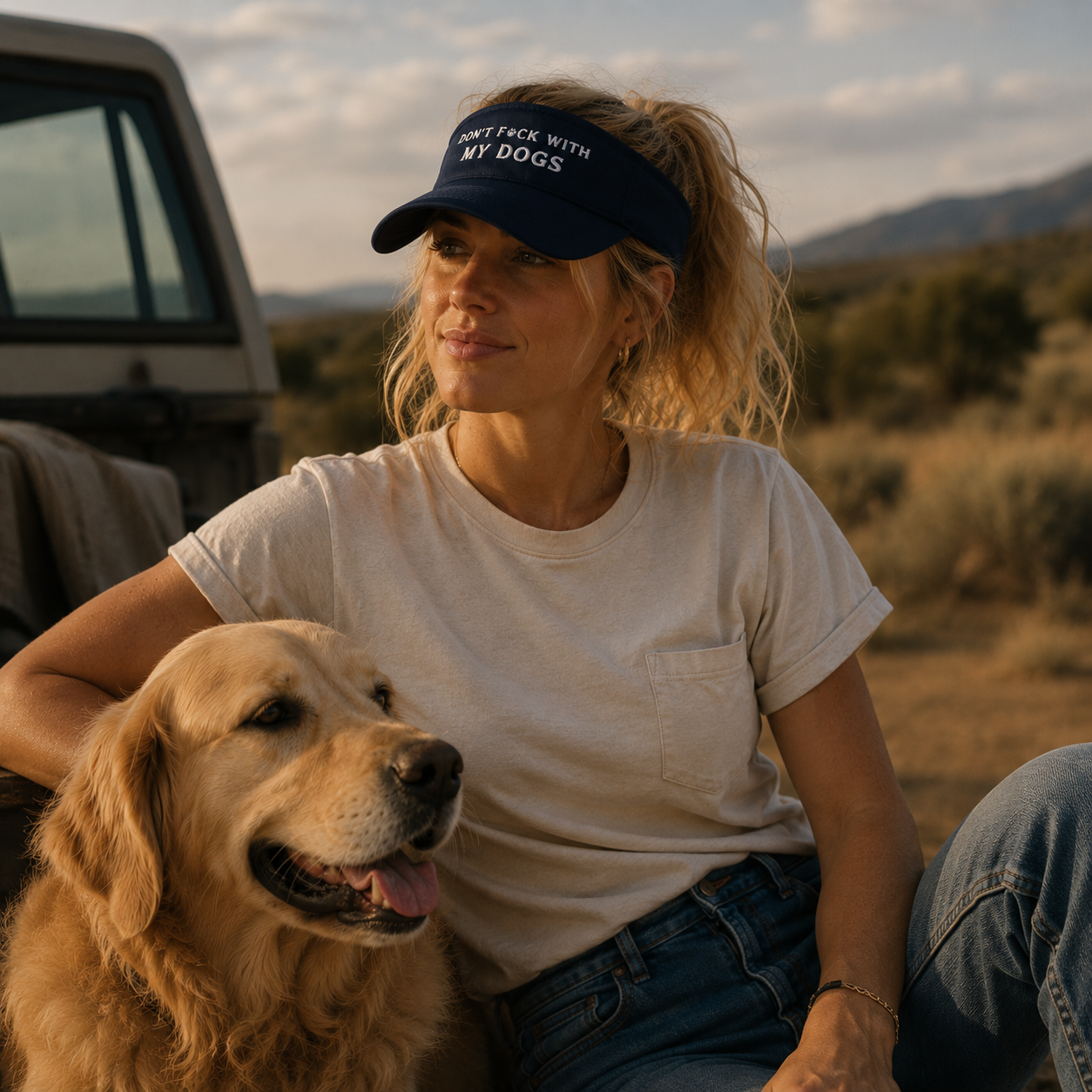 Woman sitting with a dog in a desert landscape wearing a cap with text.