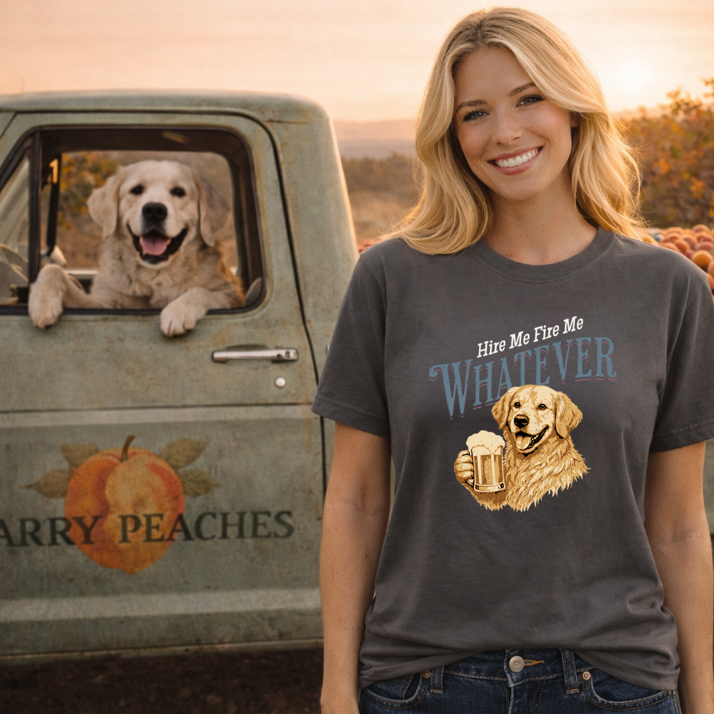 Woman wearing a t-shirt with a dog graphic and text, standing next to a truck with a dog in the window.