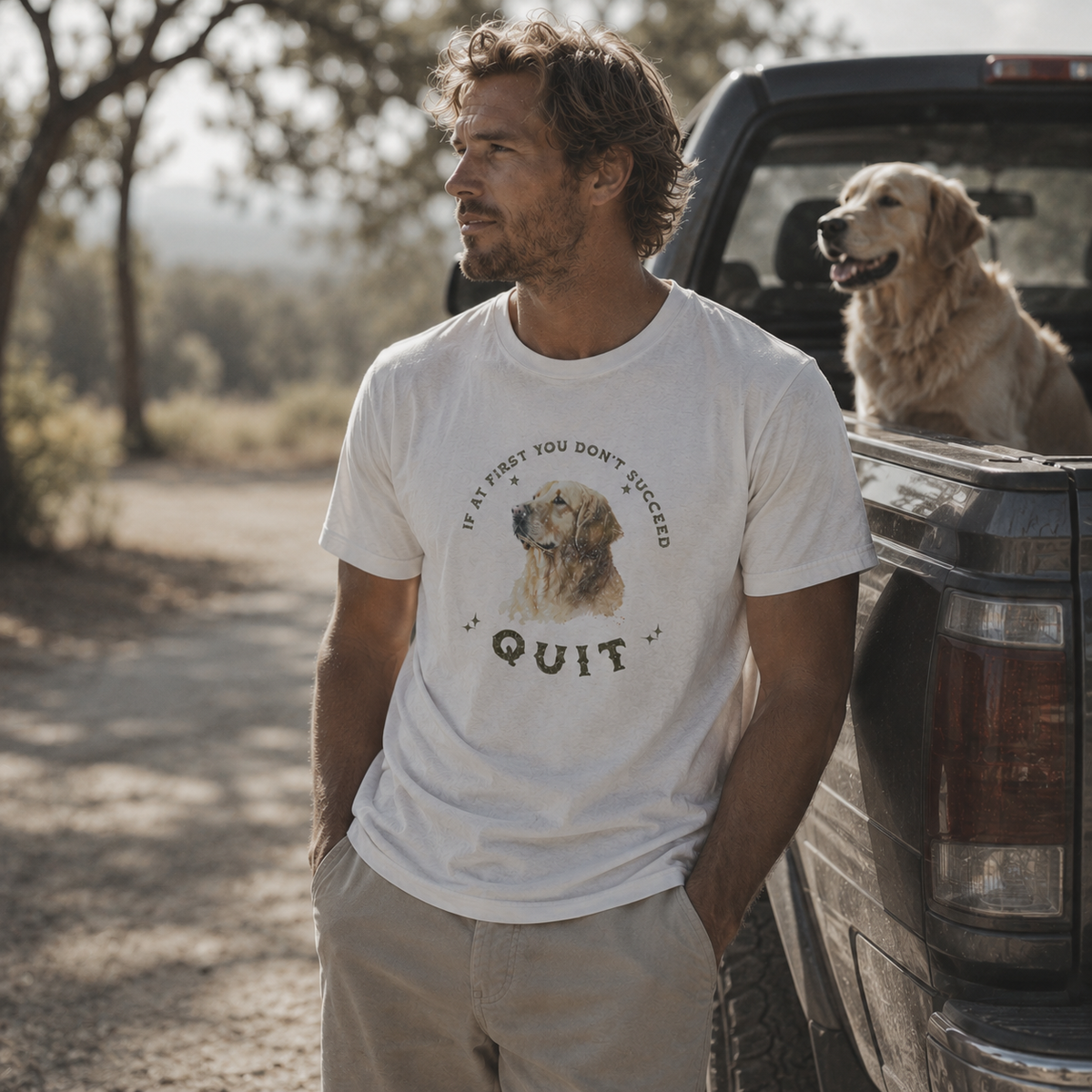 A man wearing a white graphic t-shirt with a golden retriever print and the text 'IF YOU'RE NOT SUCCESSFUL, YOU'RE NOT QUIT' stands next to the tail of a pickup truck with a golden retriever dog sitting in the bed.
