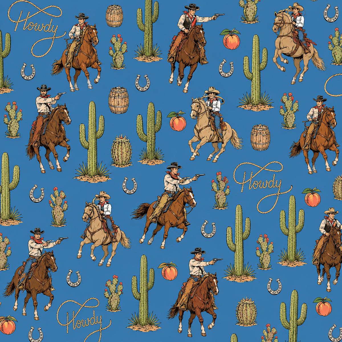 A repeating western-themed pattern on a medium blue background, featuring cowboys on brown and beige horses, green cacti, small orange pumpkins, horseshoes, barrels, and the word 'Cowboy' in cursive script.