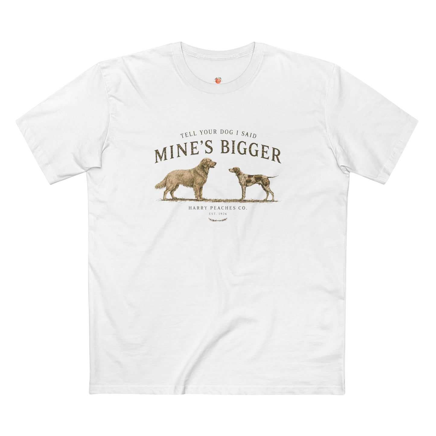White t-shirt with dog graphic and text on a white background