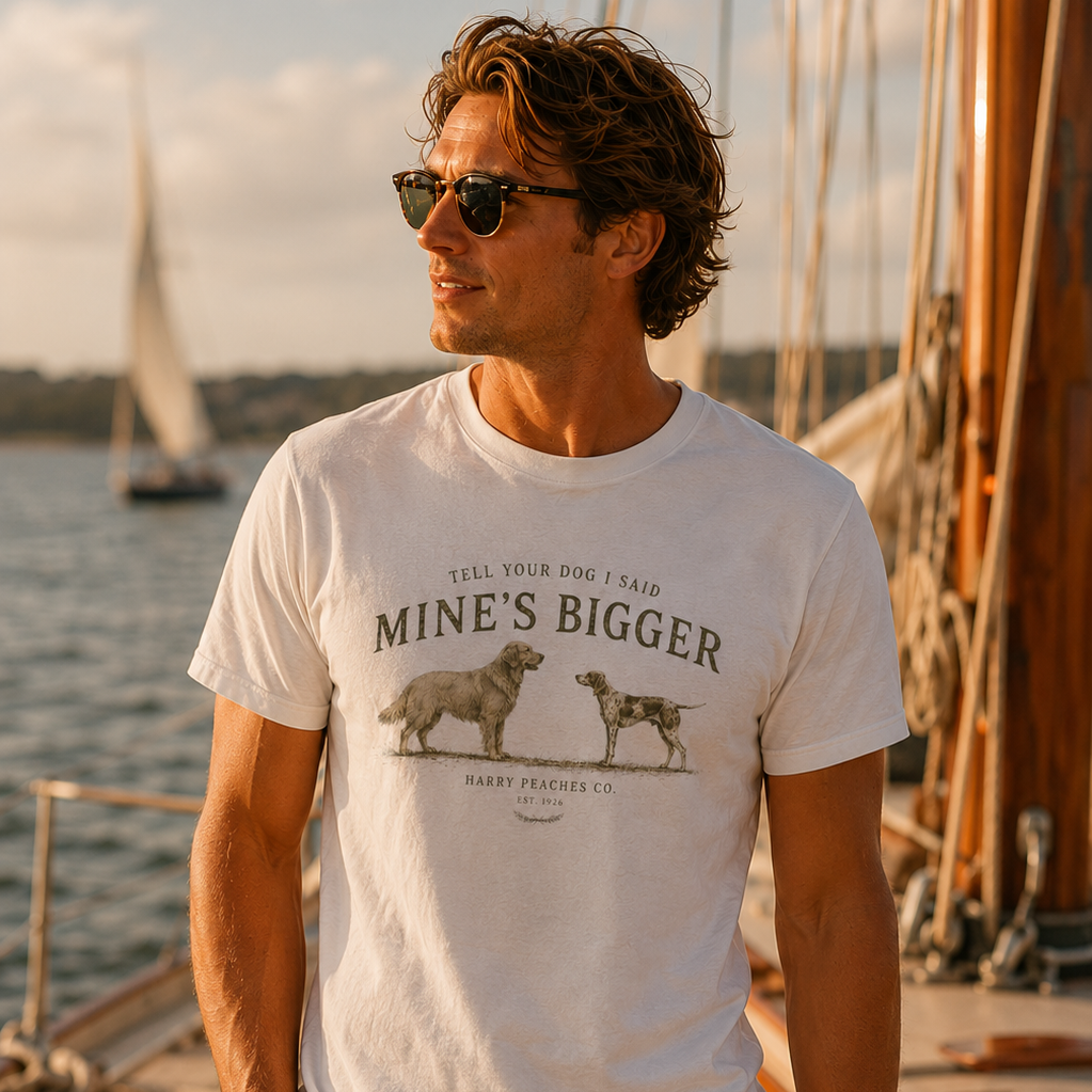 Man wearing a white t-shirt with graphic design on a boat