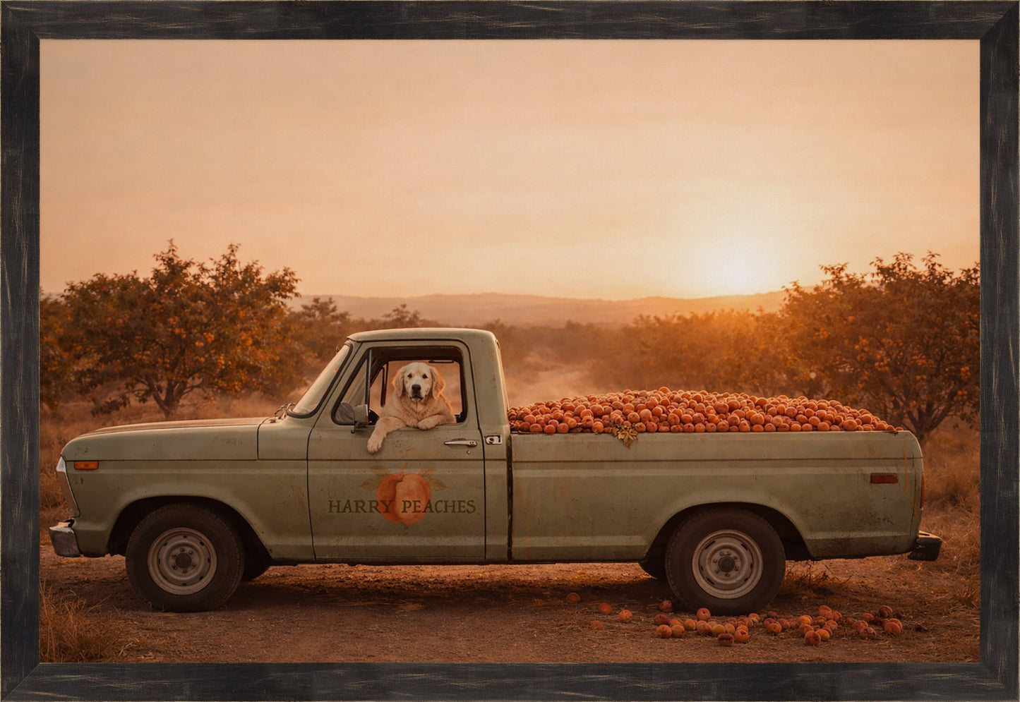 Vintage truck with a dog in the bed, filled with pumpkins, against a sunset sky.