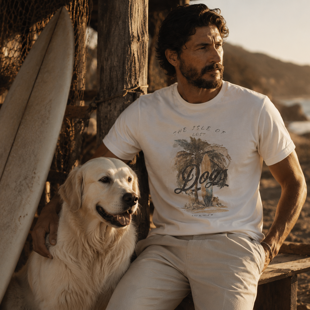 Man sitting with golden retriever wearing Harry Peaches apparel on a beach discussing life lessons from dogs
