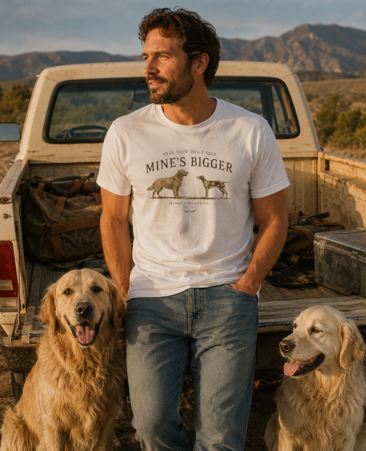 man and two golden retrievers and an old pick up truck on desert highway at golden hour wearing tell your dog mines bigger harry peaches tee