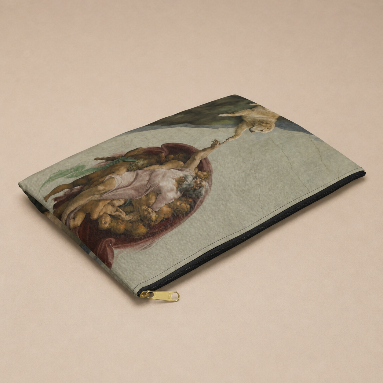 A zippered fabric pouch featuring a classical painting print of a mythological scene, displayed on a neutral beige background.