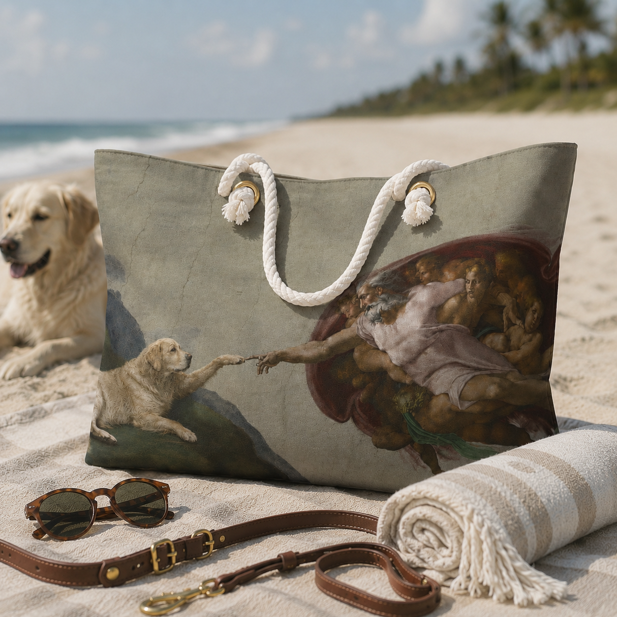 dog and dog tote bag on beach