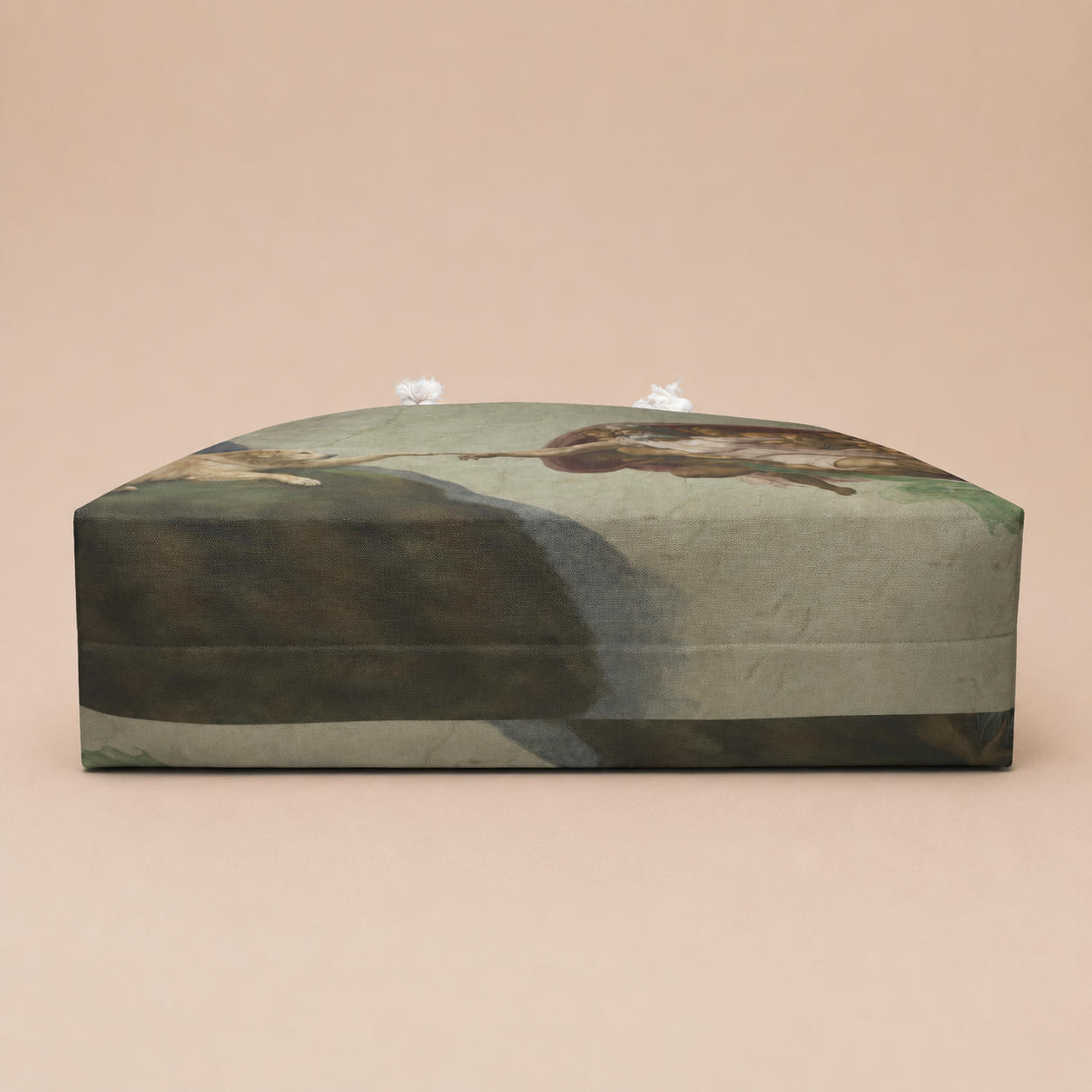 A rectangular jewelry box with a lid, featuring a muted landscape painting print in shades of green, gray, and brown, set against a solid beige background.