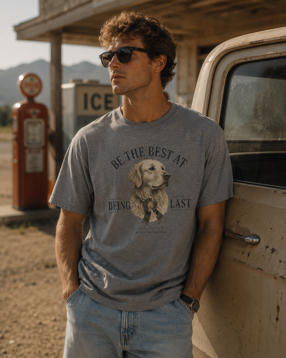 Man wearing a gray t-shirt with a dog graphic and text, standing next to an old truck in a desert setting.