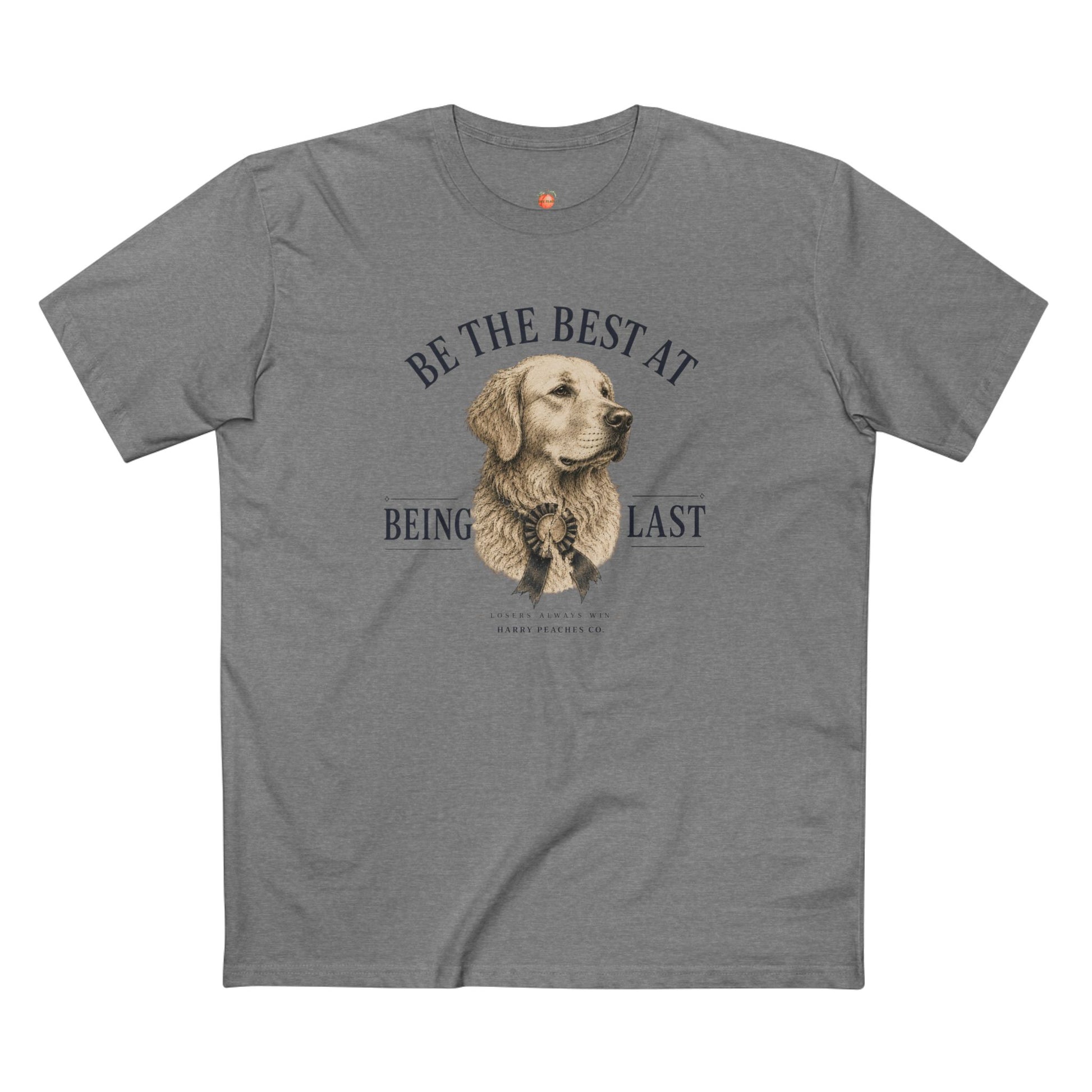 Gray t-shirt with a dog graphic and text on a white background