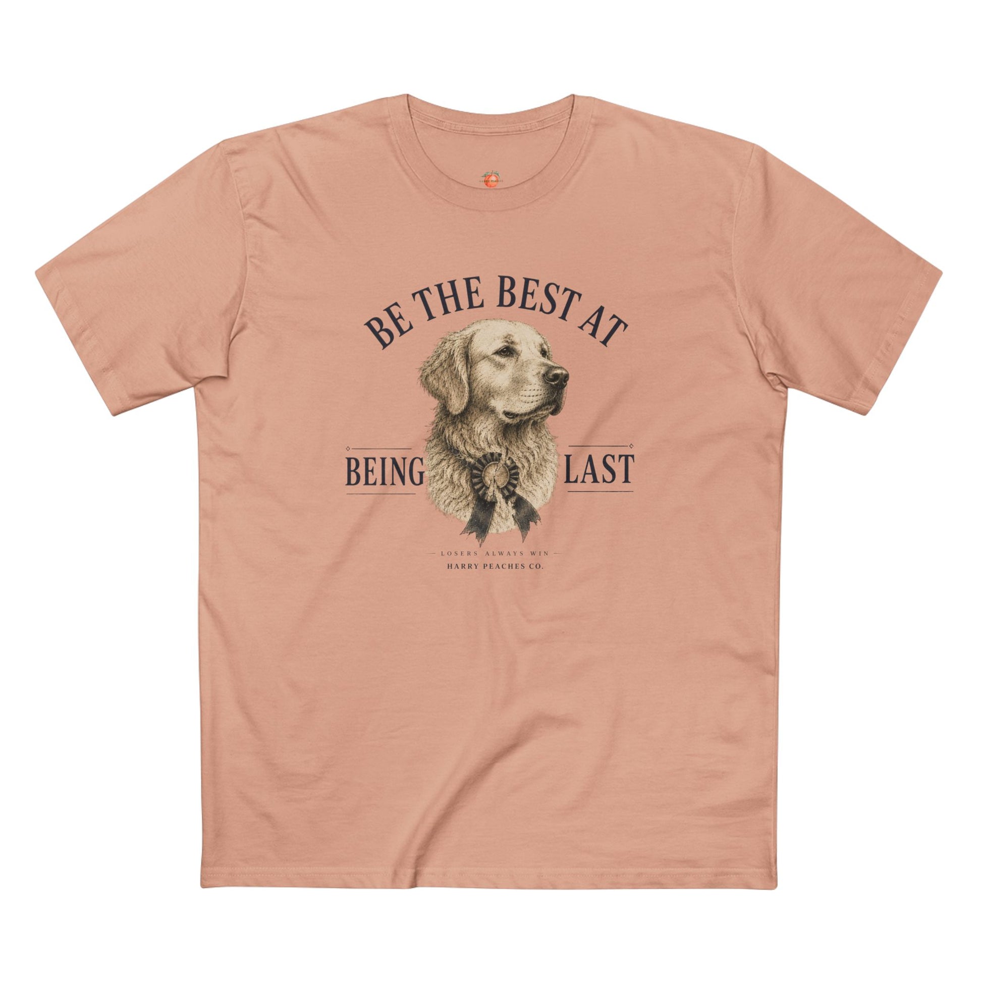 Pink t-shirt with a dog graphic and text on a white background