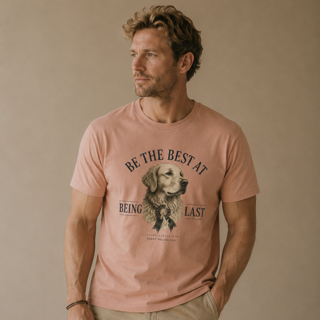 A man wearing a dusty pink graphic t-shirt with a dog illustration and the text 'BE THE BEST AT BEING LAST', paired with khaki pants, standing against a neutral beige background.
