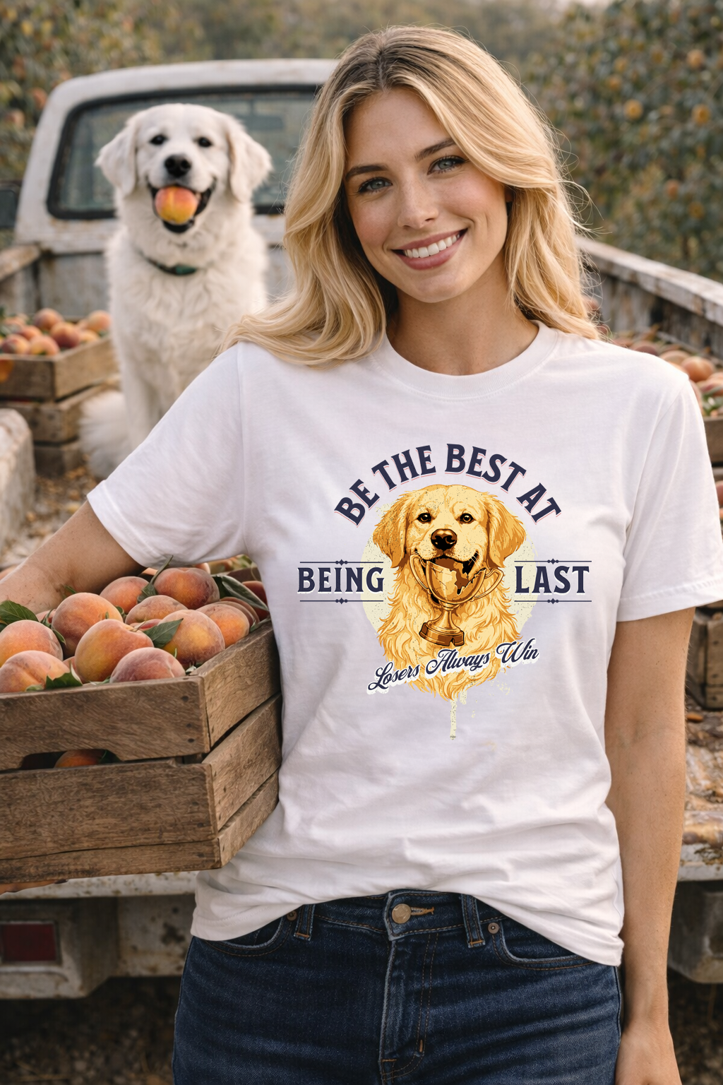 Woman wearing a t-shirt with a dog graphic and text, standing next to a truck with a dog and boxes of peaches.