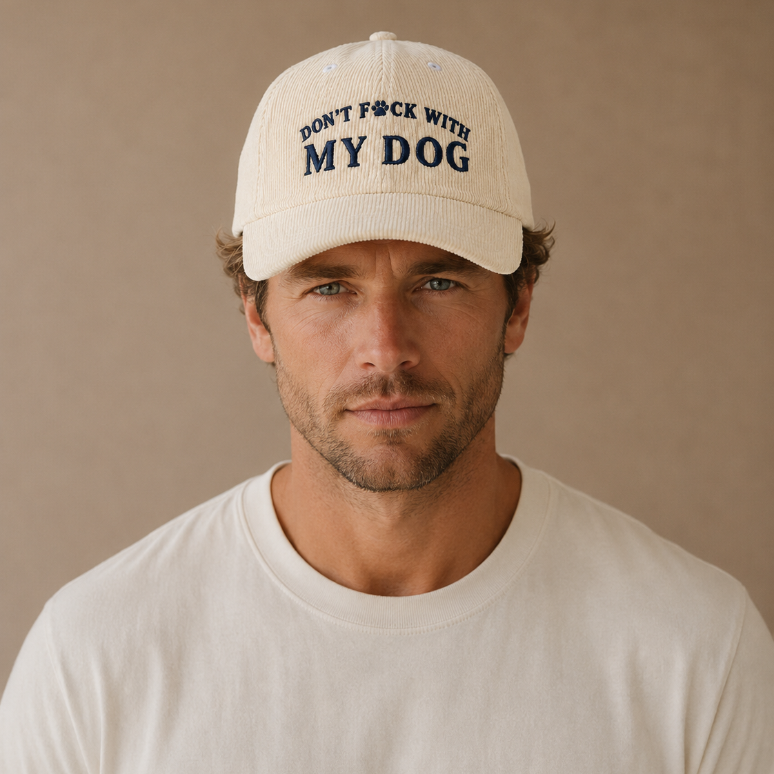 A man wearing a cream-colored ribbed baseball cap with the text 'DON'T F*CK WITH MY DOG' embroidered in navy blue on the front, paired with a matching cream crewneck t-shirt against a solid beige background.