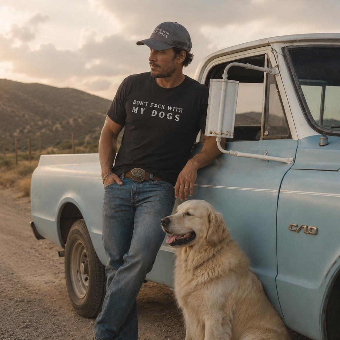 A man wearing a black graphic t-shirt that reads 'DON'T FACE WITH MY DOGS' and blue jeans leans against a light blue vintage pickup truck next to a golden retriever dog in an outdoor rural setting.