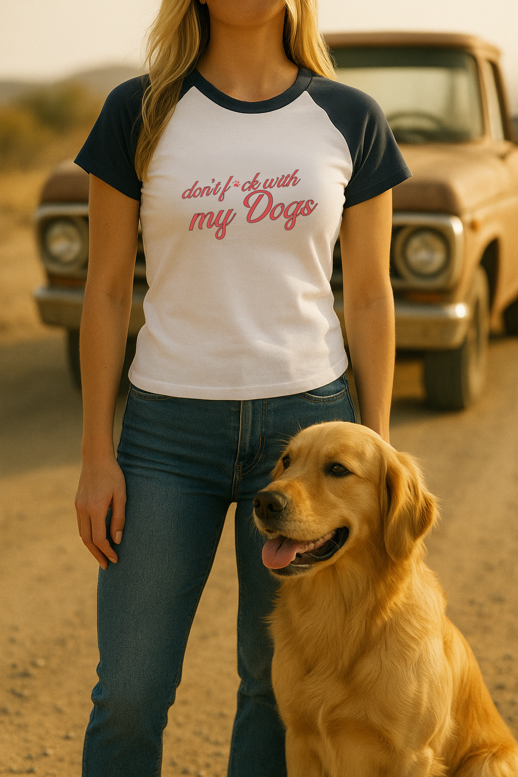 Person wearing a t-shirt with text and a dog sitting on a dirt road.