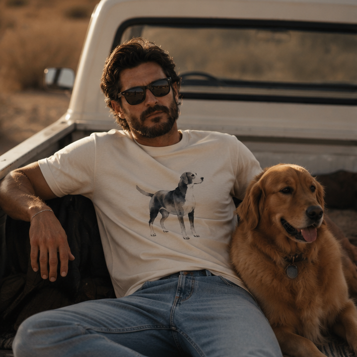Two men wearing t-shirts with dog graphics in a desert setting.