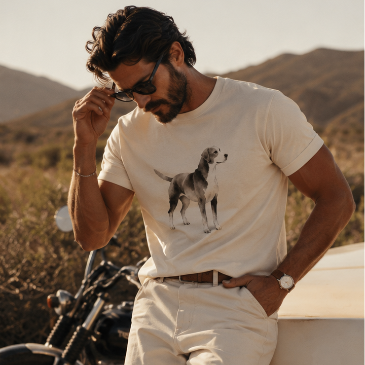 Two men wearing t-shirts with dog graphics in a desert setting.