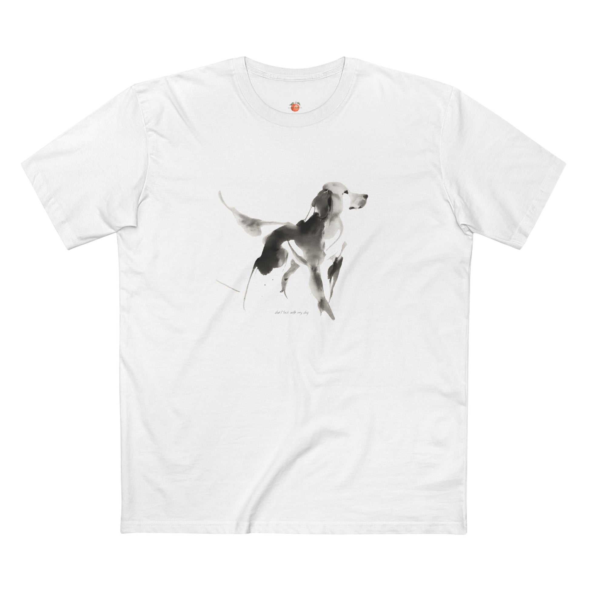 White t-shirt with a black and white dog graphic on a white background