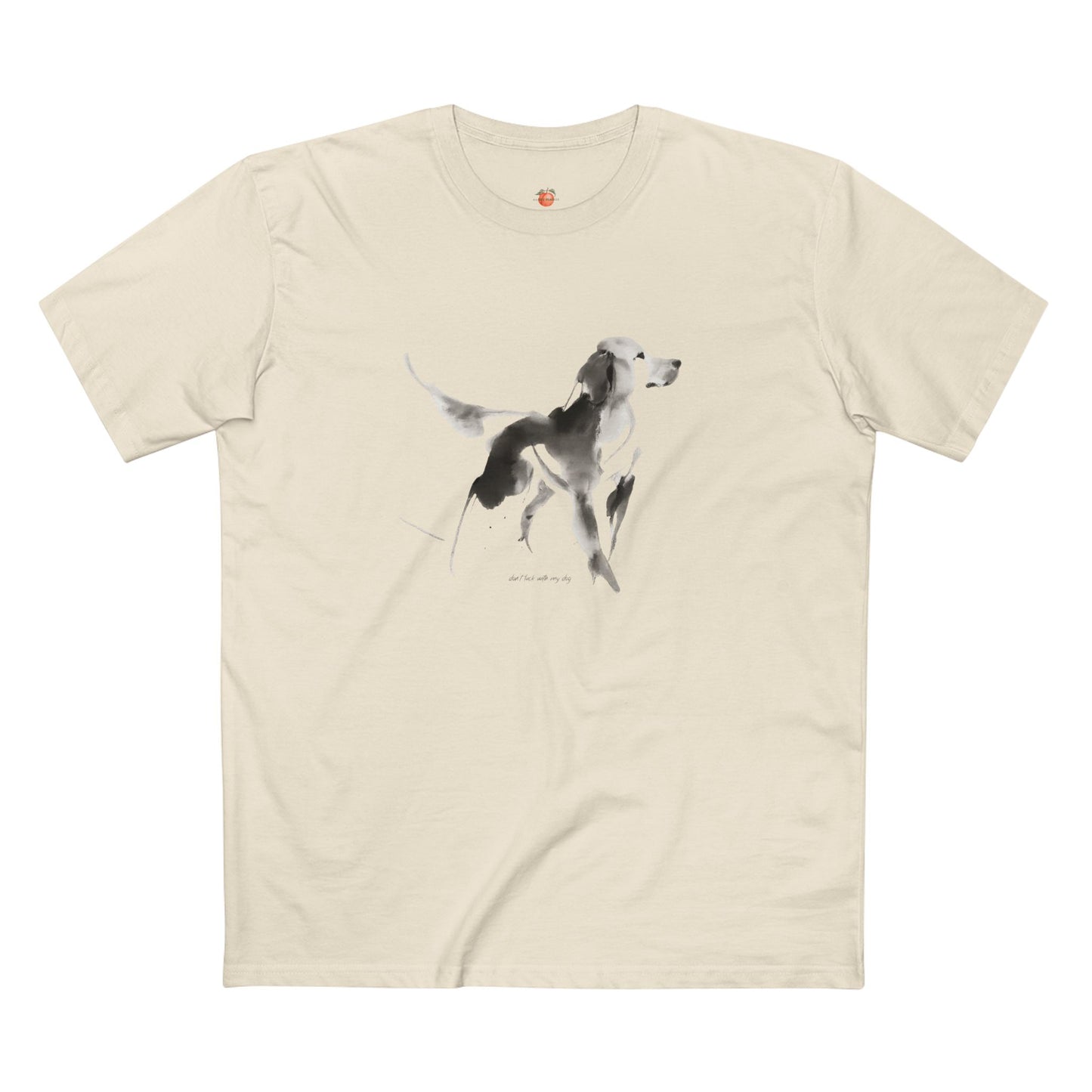 Beige t-shirt with a dog graphic on a white background