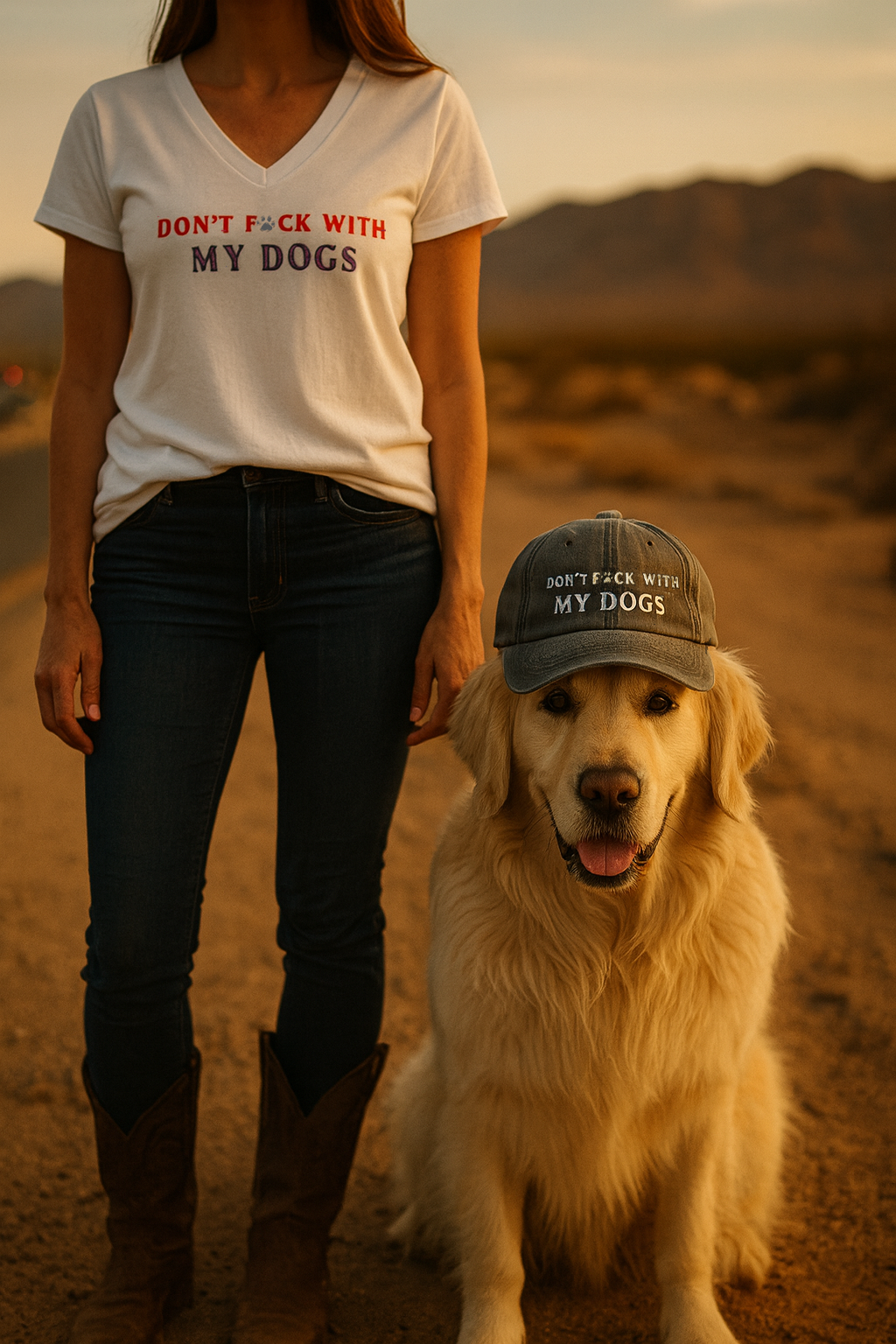 Person wearing a shirt with 'Don't F**k with My Dogs' and a matching cap, standing with a dog in a desert setting.