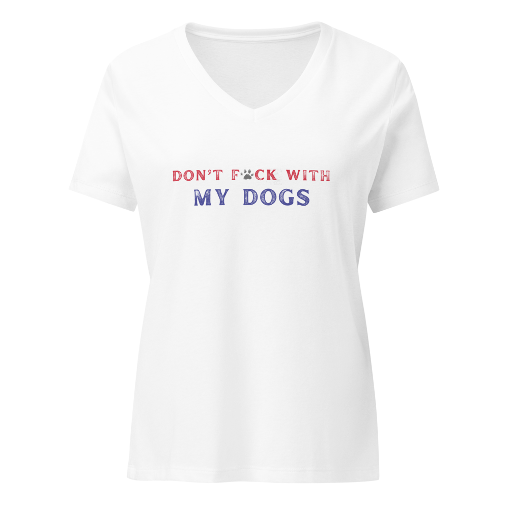White t-shirt with colorful text 'DON'T F*CK WITH MY DOGS' on a white background