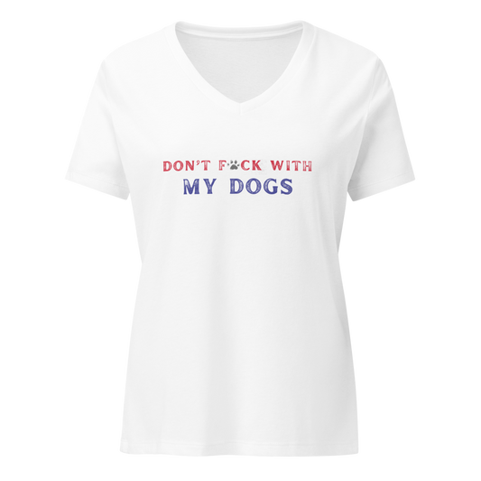 White t-shirt with colorful text 'DON'T F*CK WITH MY DOGS' on a white background
