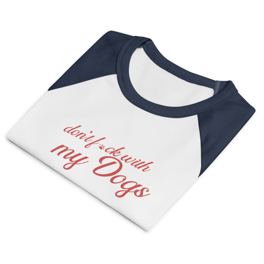 White and navy baseball shirt with red text on a white background