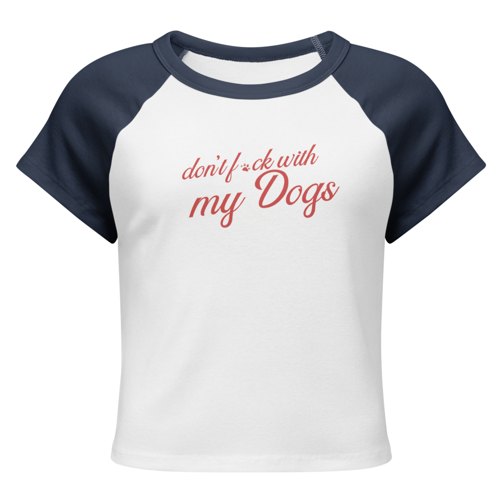 White and navy baseball shirt with red text on a white background