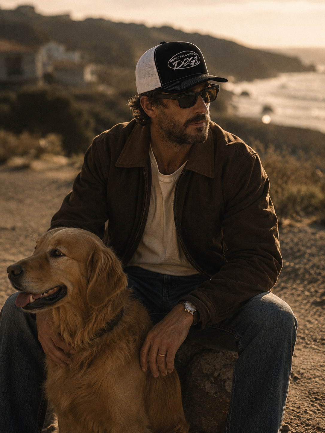 Man sitting with a dog on a beach at sunset