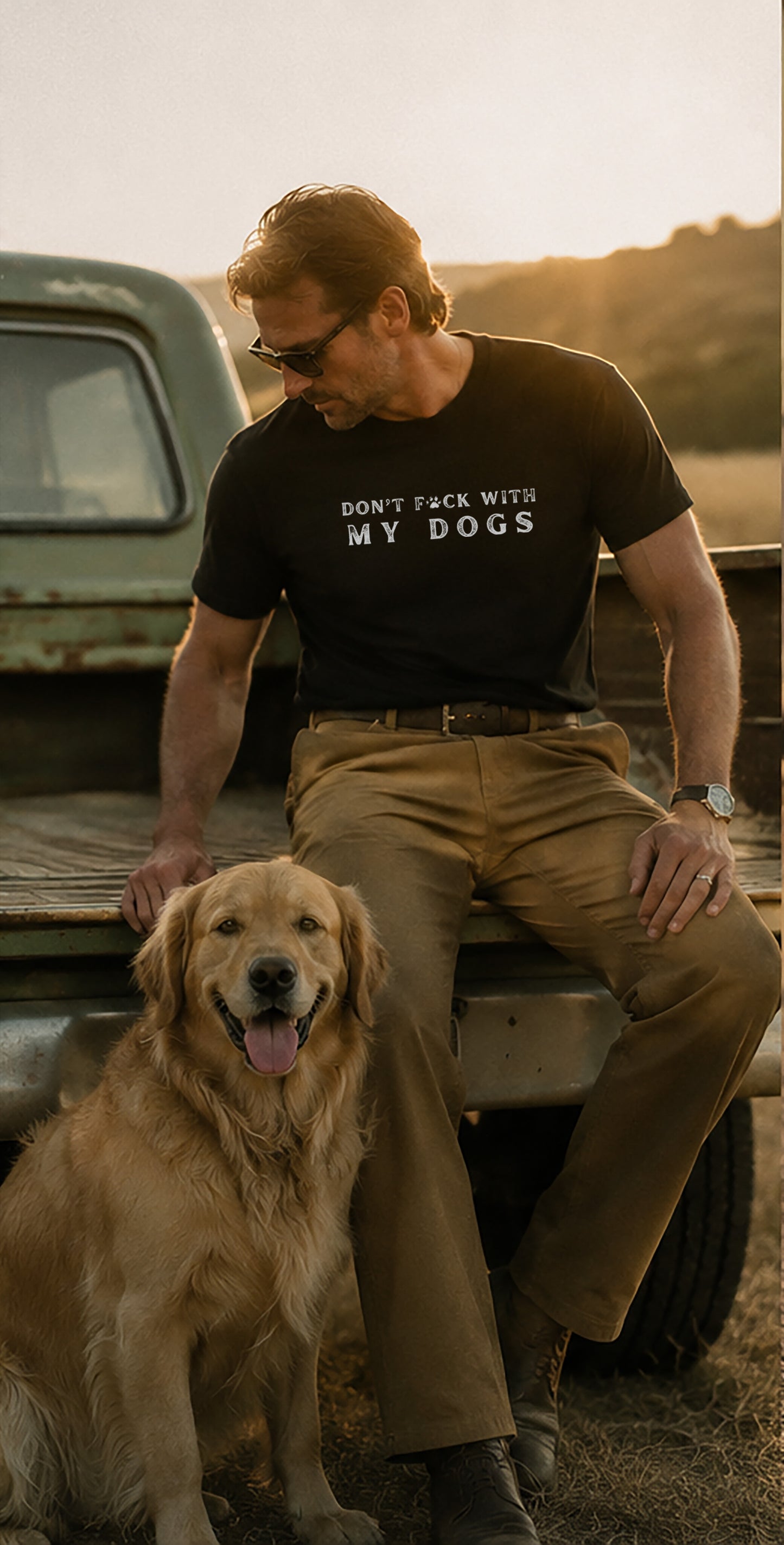 Man sitting on a truck bed with a dog, wearing a shirt that says 'Don't fuck with my dogs'.