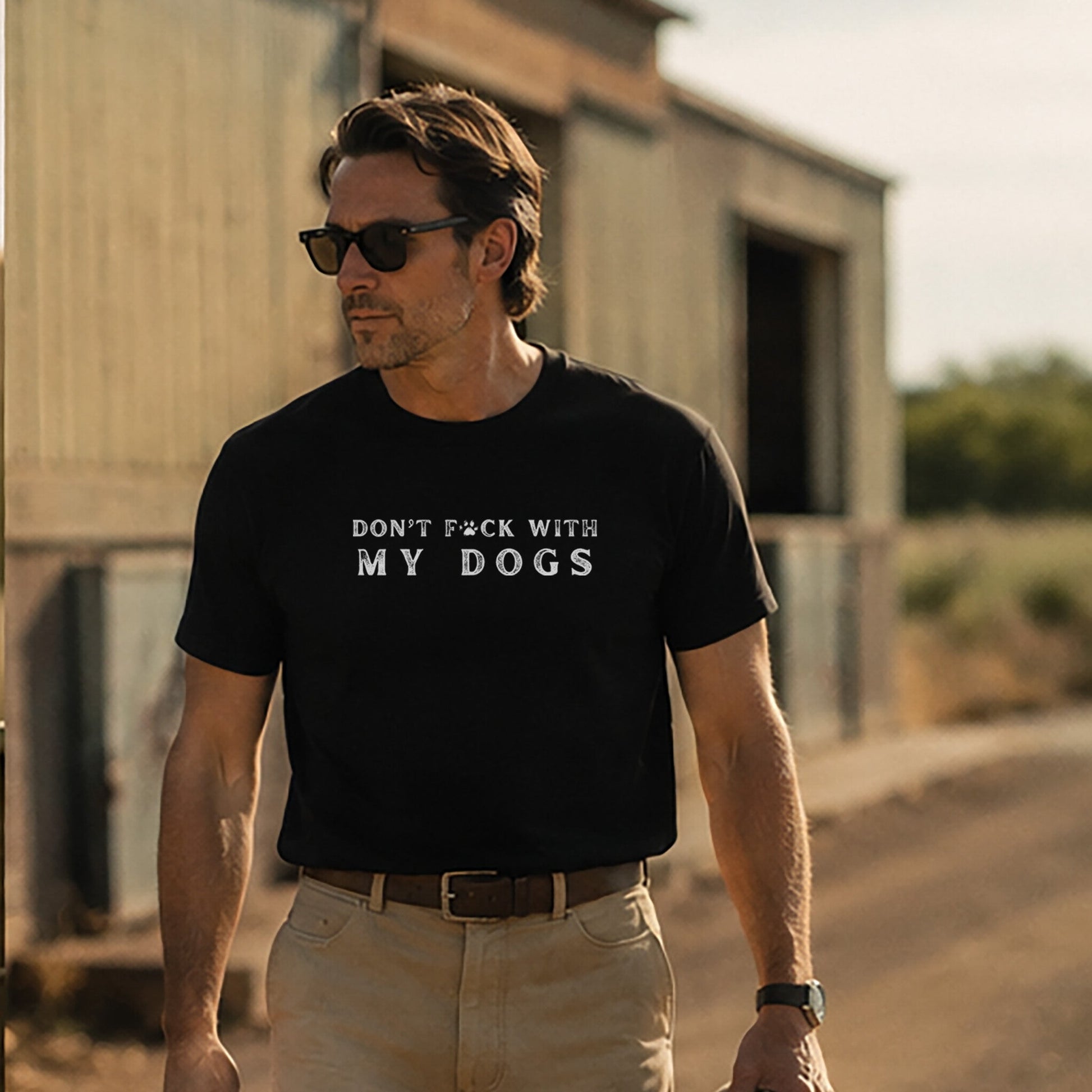 Man walking a dog on a dirt road with a building in the background