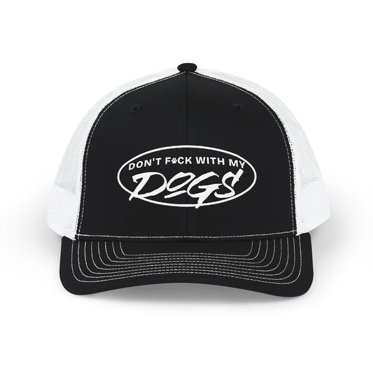 Black and white cap with 'Don't F*ck with my dogs' text on a white background