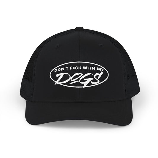 Black cap with white text 'DON'T F*CK WITH MY DOGS' on a white background