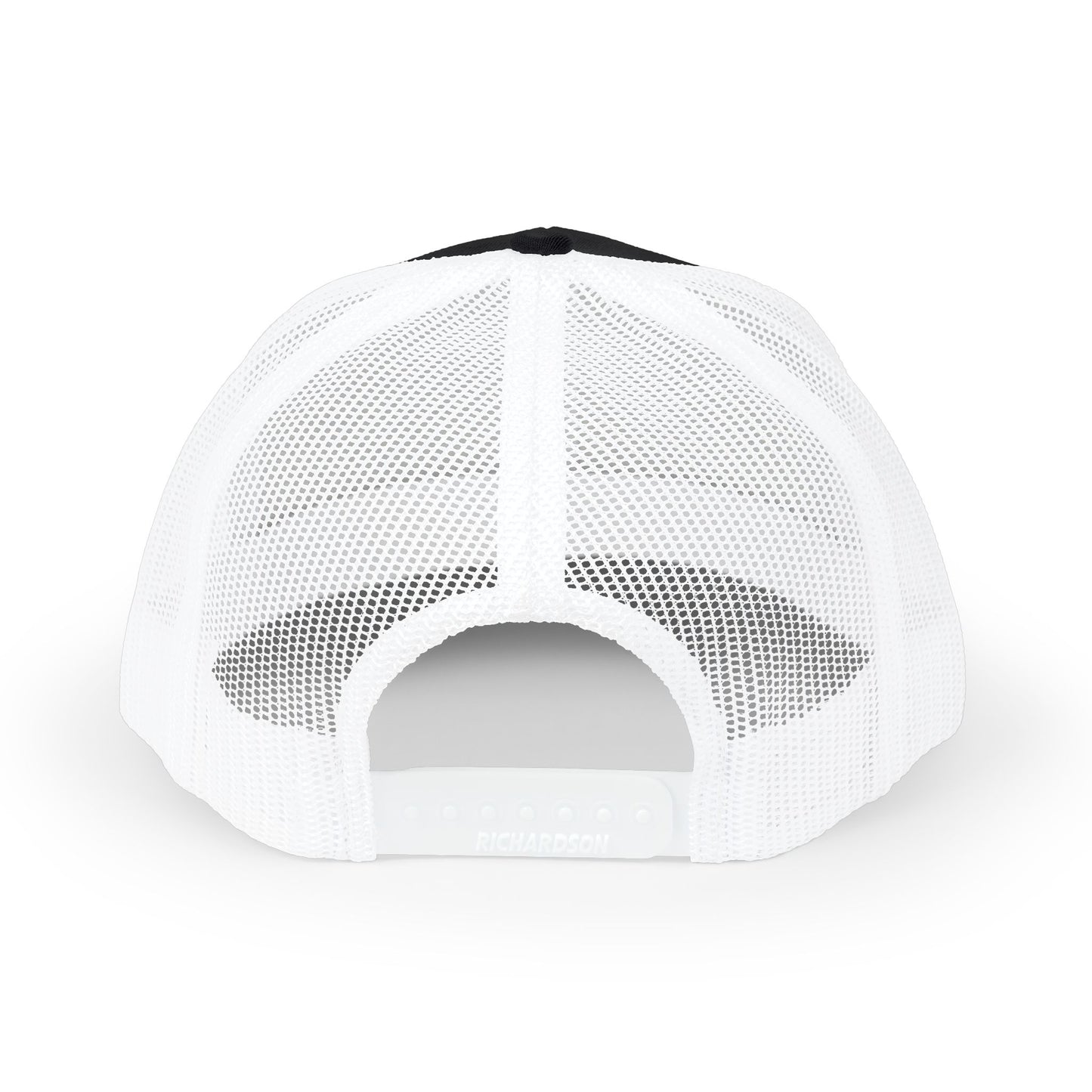 White mesh cap with black visor on a white background