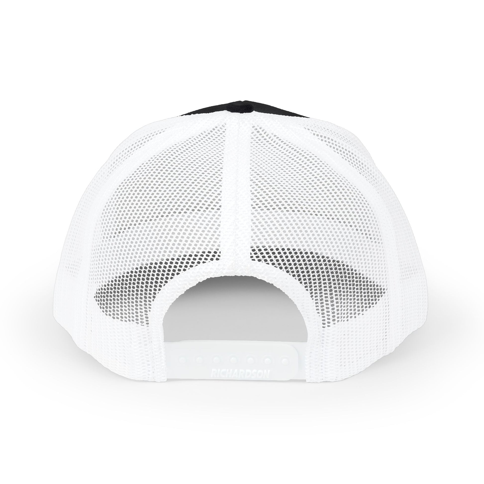 White mesh cap with black visor on a white background