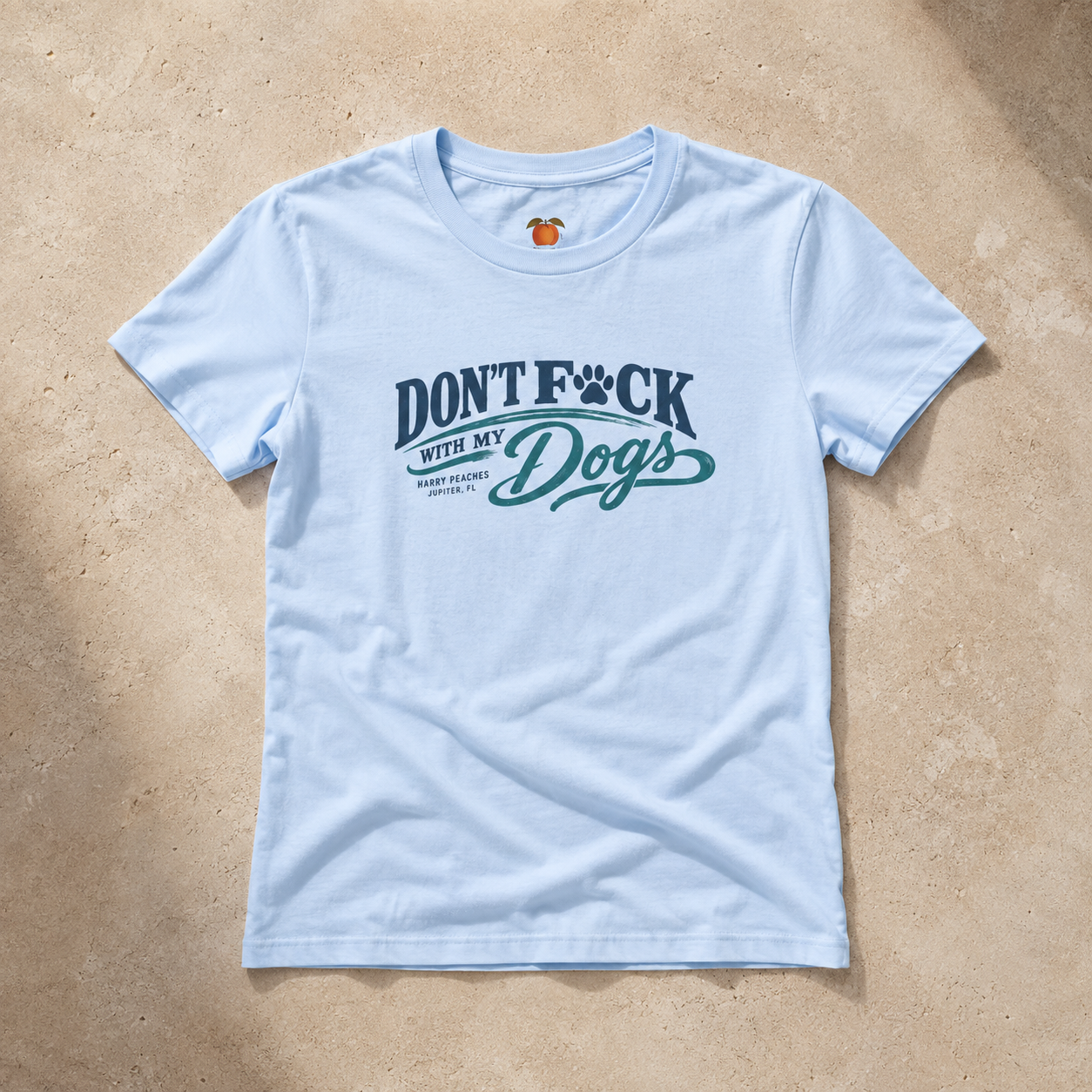 A light blue short-sleeve t-shirt with a graphic print reading 'DON'T F*CK WITH MY Dogs' in dark blue and teal, laid flat on a textured beige stone surface.