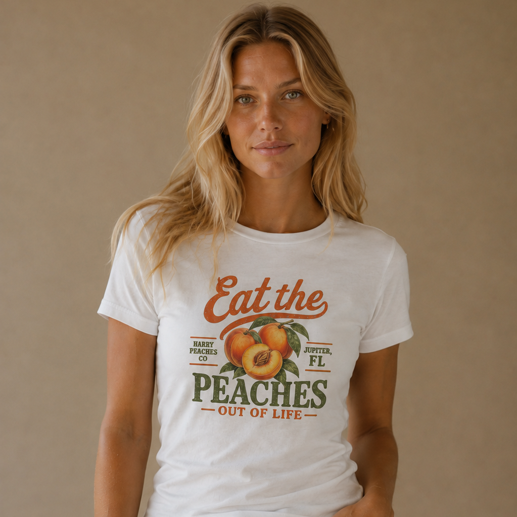 A woman modeling a white graphic t-shirt with a retro peach design that reads 'Eat the PEACHES OUT OF LIFE' and 'BAYOU SHIRTS FL.', paired with light-wash blue jeans against a neutral beige background.