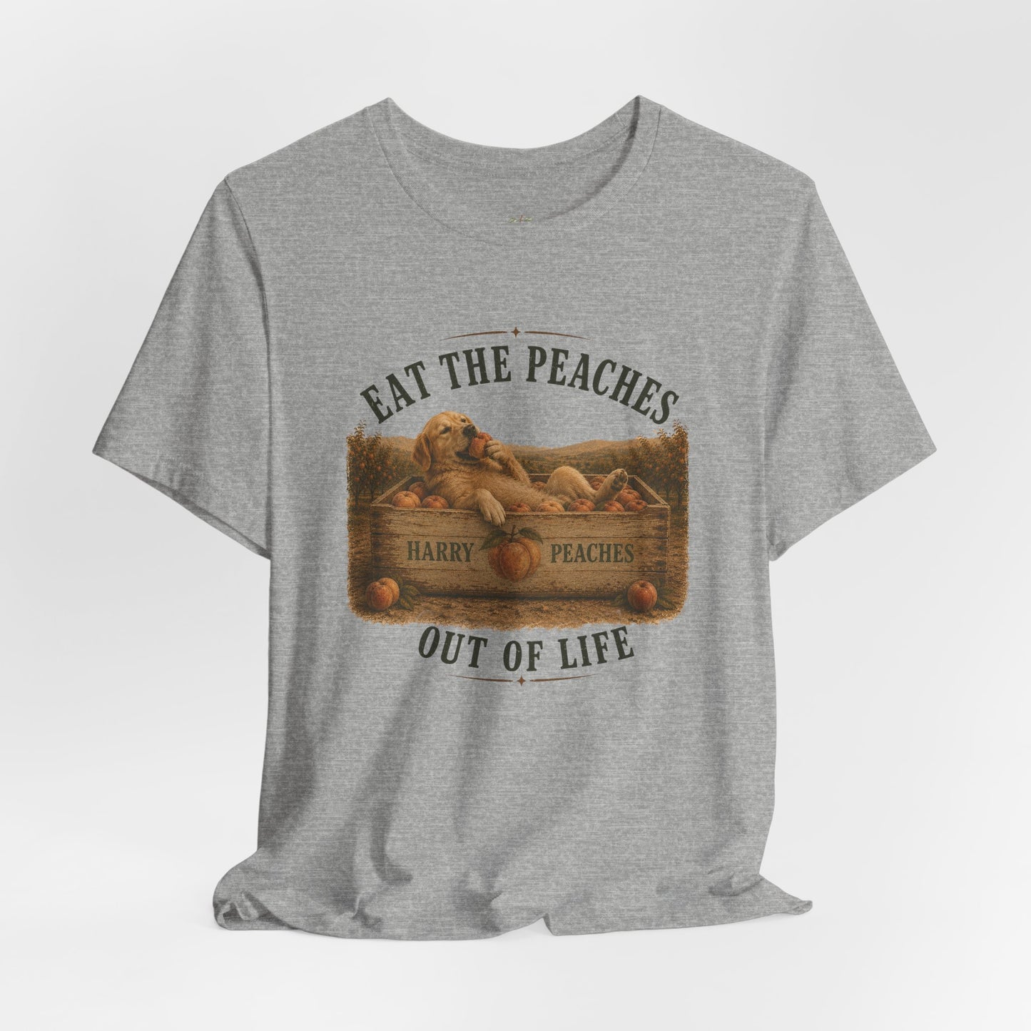 Gray t-shirt with a graphic design of a box of peaches and text on a white background