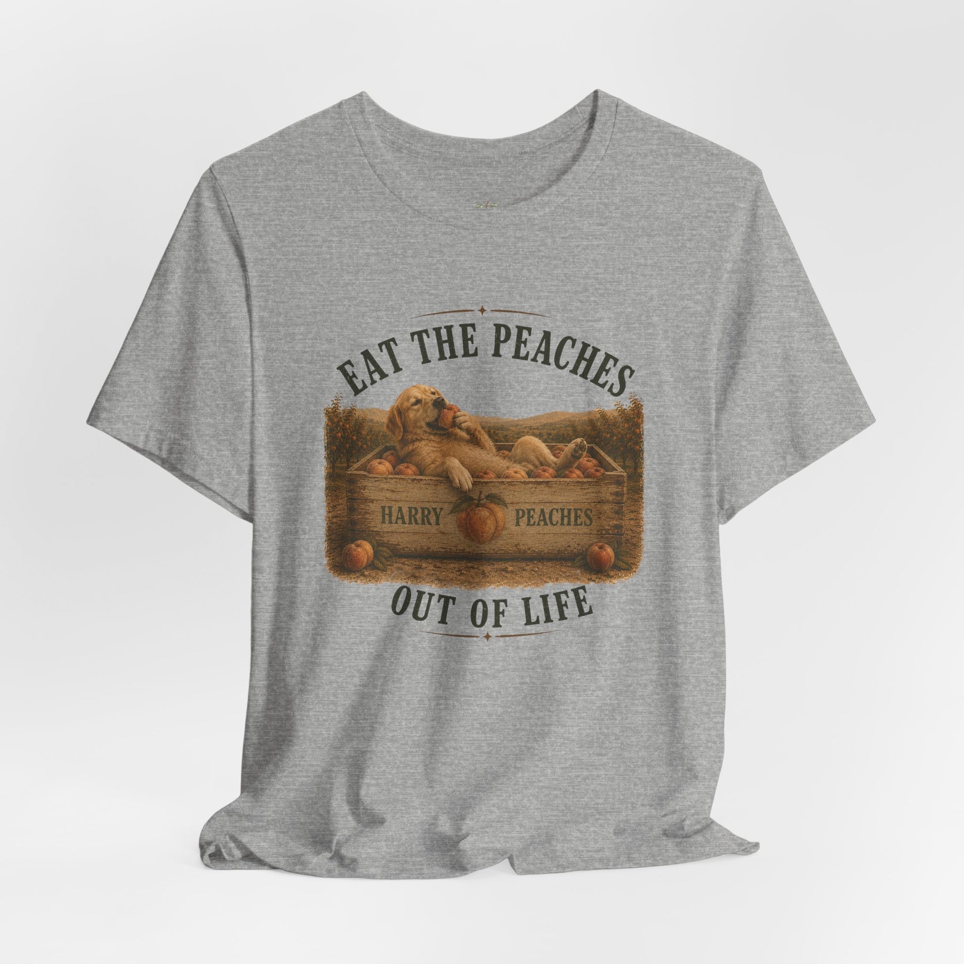 Gray t-shirt with a graphic design of a box of peaches and text on a white background