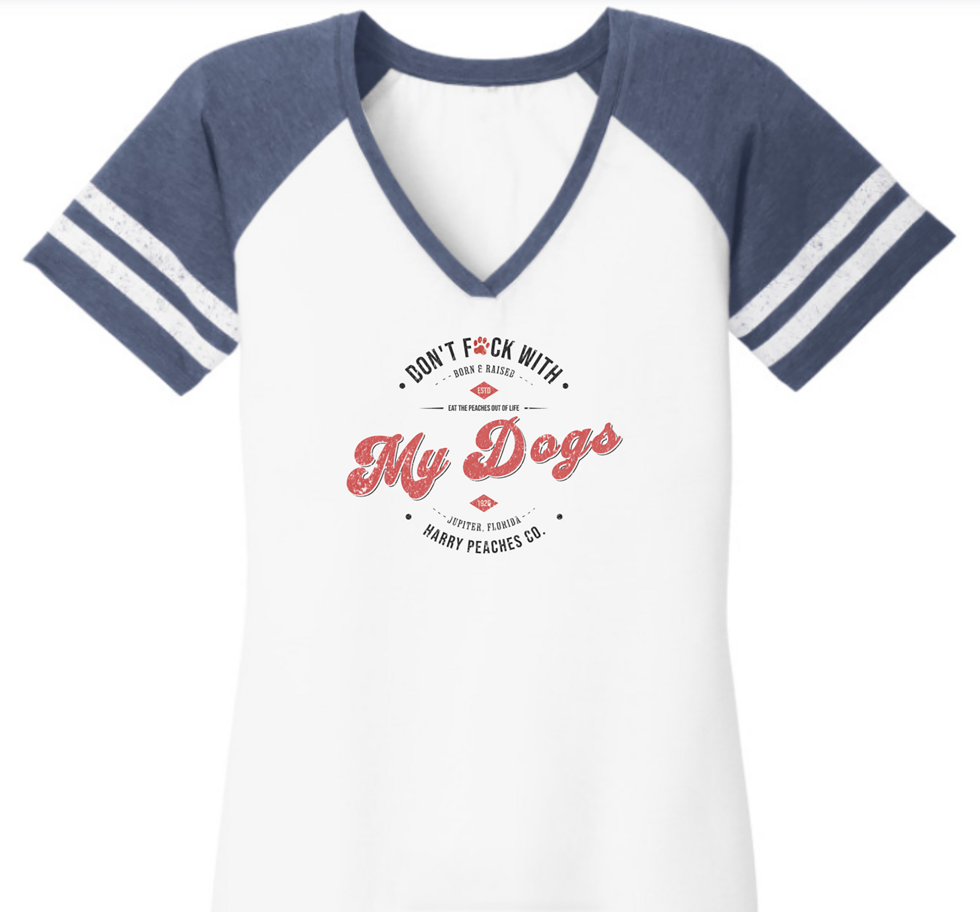 White t-shirt with blue sleeves and dog-themed text on a white background