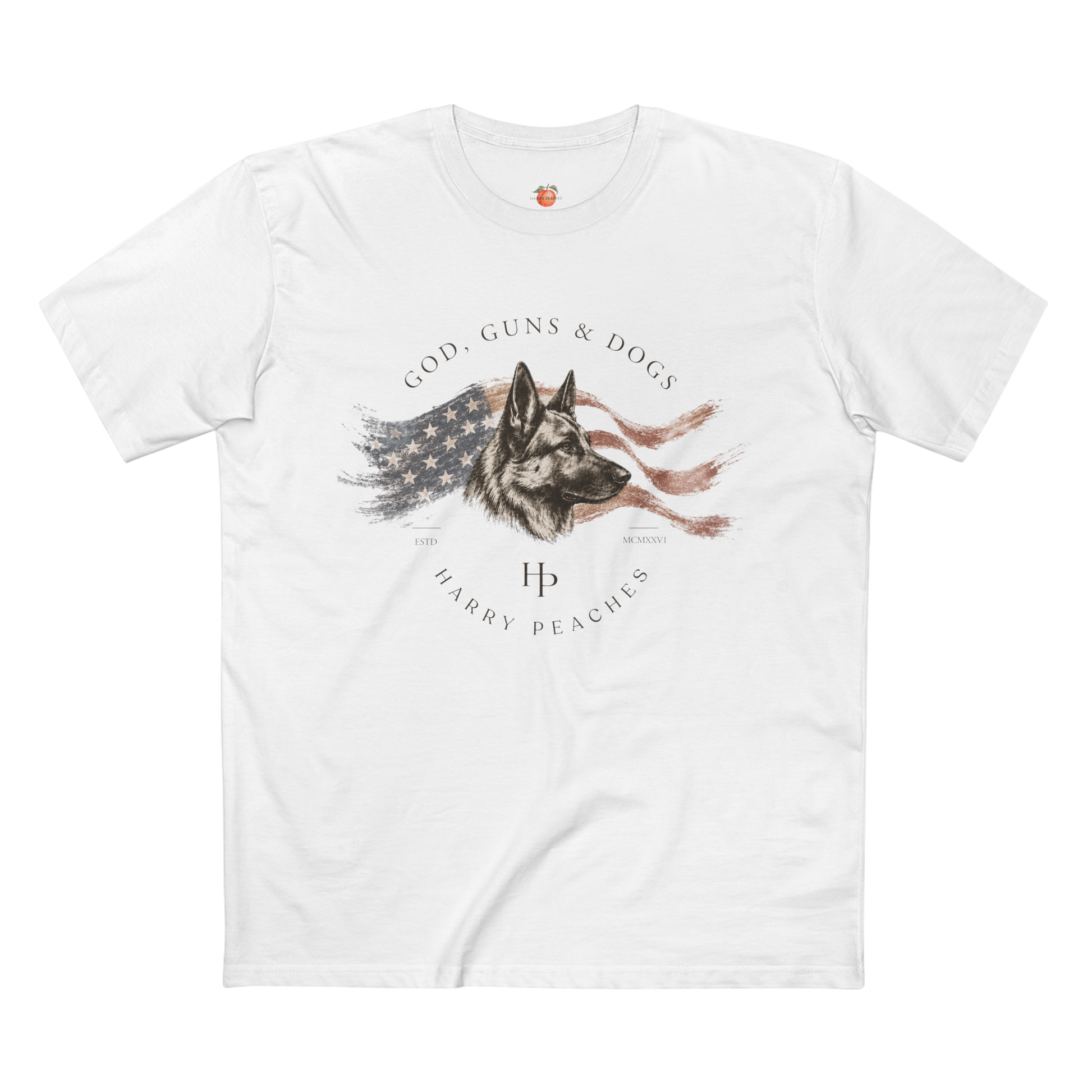White t-shirt with a graphic of a dog and text on a white background