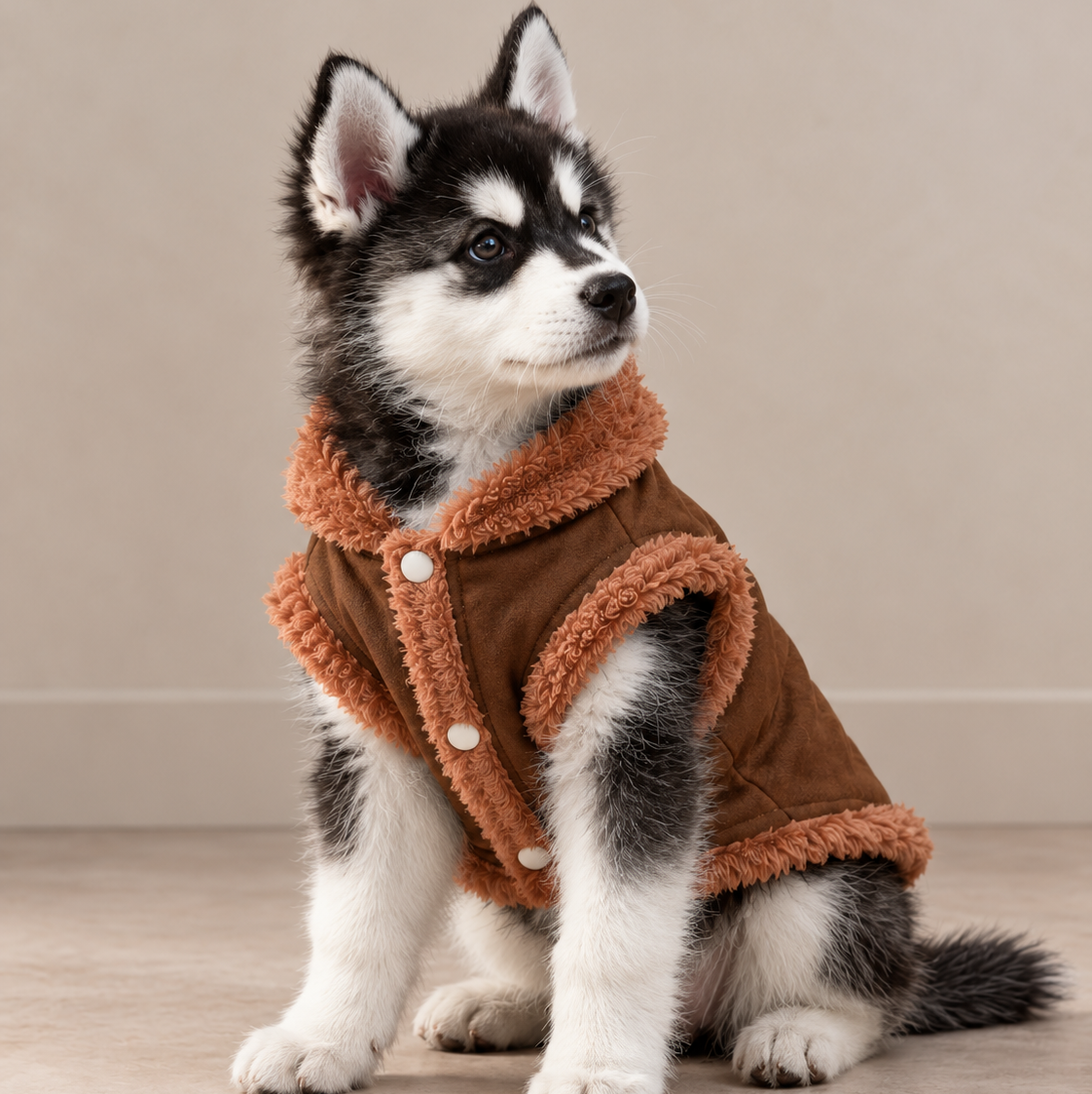 A small husky puppy wearing a brown fleece-lined vest with white buttons, sitting on a light beige floor against a neutral beige wall.