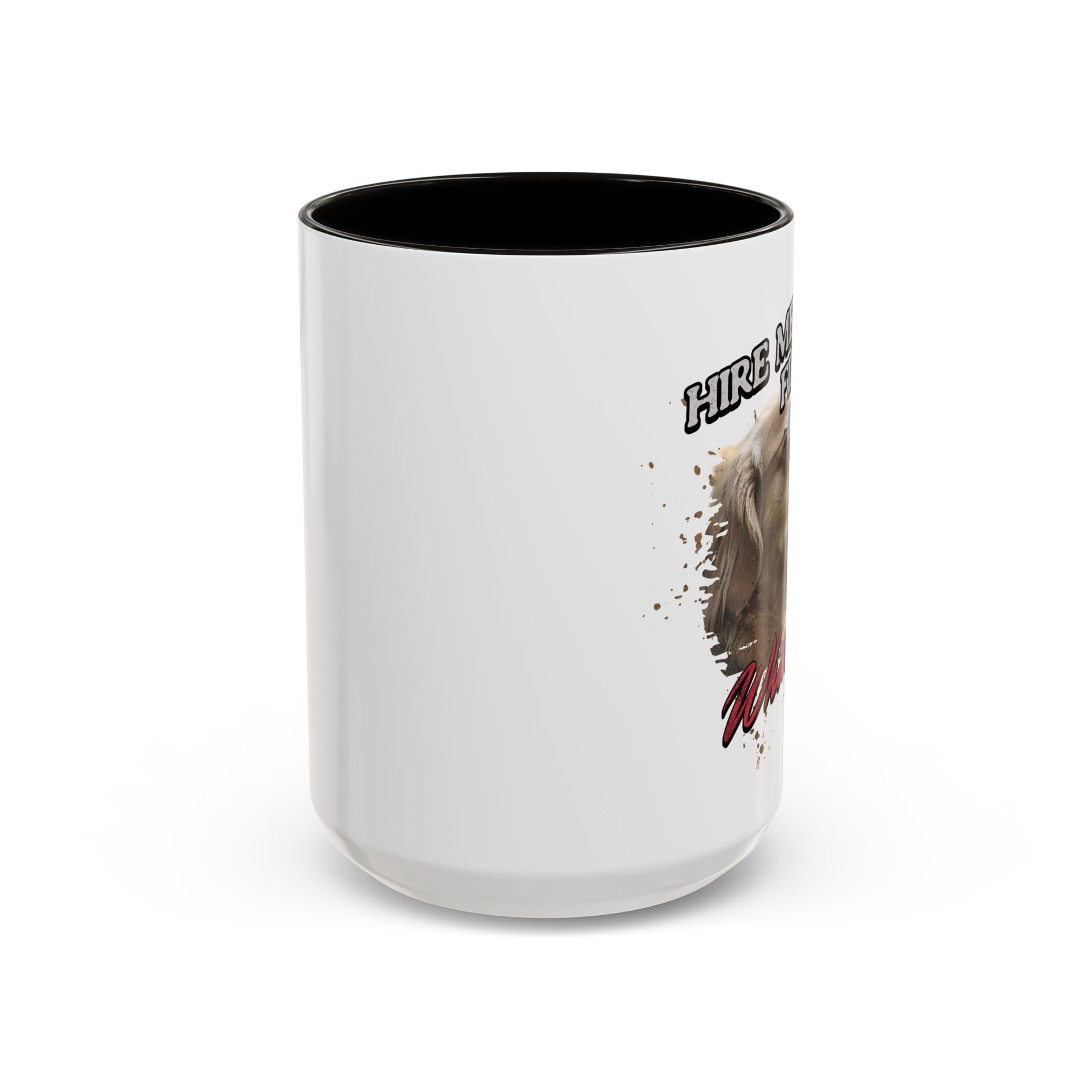 White mug with black interior and handle, featuring a bear graphic and text on a white background